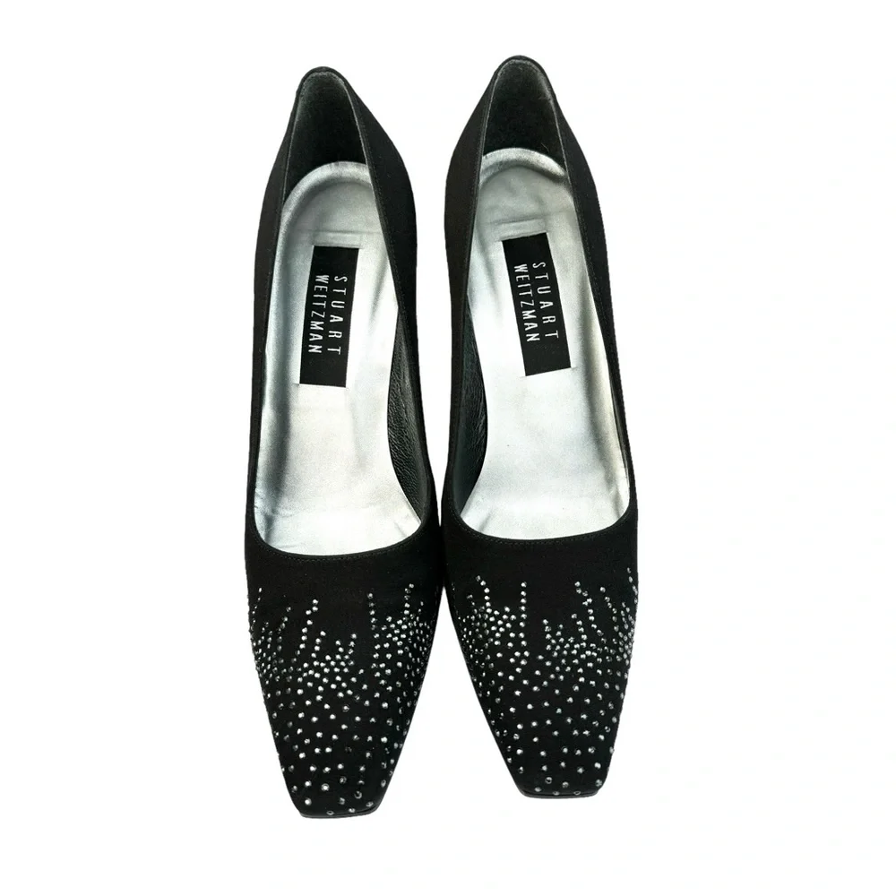 Stuart Weitzman Heels Crystal Embellishment Satin Black Pumps - Picture 5 of 17